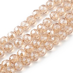 Sandy Brown Transparent Electroplate Glass Beads Strands, Faceted, Round, Pearl Luster Plated, Sandy Brown, 9~10x9~9.5mm, Hole: 1.4mm, about 54~60pcs/strand, 18.90~21.65 inch(48~55cm)