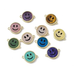 Mixed Stone Natural & Synthetic Mixed Stone Connector Charms, Flat Round with Smiling Face Links, with Rack Plating Golden Tone Brass Findings, Cadmium Free & Lead Free, Mixed Dyed and Undyed, 15.5x20x3mm, Hole: 1.6mm