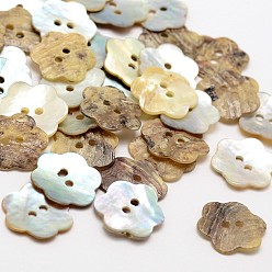 Camel 2-Hole Flower Mother of Pearl Buttons, Akoya Shell Button, Camel, 13~14x1~1.5mm, Hole: 1.5mm, about 720pcs/bag