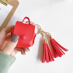 Roja Estuche de transporte para audífonos inalámbricos de imitación de cuero, bolsa de almacenamiento de auriculares, con llavero y borla, forma de bolso, rojo, 135 mm