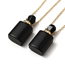 Obsidian Openable Natural Obsidian Perfume Bottle Pendant Necklaces for Women, 304 Stainless Steel Cable Chain Necklaces, Golden, 18.74 inch(47.6cm)