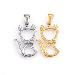 Mixed Color 304 Stainless Steel Hollow Kitten Pendants, Cat with Bowknot Shape Shape, Mixed Color, 22x15x3mm, Hole: 6x3mm