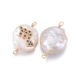Scorpio Natural Pearl Links connectors, with Brass Micro Pave Cubic Zirconia Findings, Flat Round with Constellation, Golden, Marine Blue, Scorpio, 20~26x9~17x5~11mm, Hole: 1.6mm