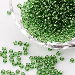Verde Lima 12/0 perlas de cristal de la semilla, plata forrada agujero redondo, rondo, verde lima, 12/0, 2 mm, agujero: 1 mm, Sobre 3333 unidades / 50 g, 50 g / bolsa, 18bolsas/2libras