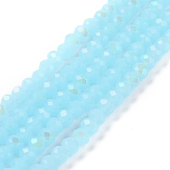 Light Sky Blue Electroplate Glass Beads Strands, Imitation Jade Beads, Half Plated, Rainbow Plated, Faceted, Rondelle, Light Sky Blue, 6x5mm, Hole: 1mm, about 85~88pcs/strand, 16.1~16.5 inch(41~42cm)
