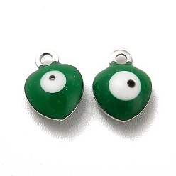 Green 304 Stainless Steel Evil Eye Enamel Charms, Heart Charm, Stainless Steel Color, Green, 8x6x3mm, Hole: 1mm