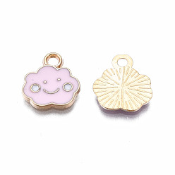Pink Alloy Enamel Charms, Cloud, with Smile Face, Light Gold, Pink, 13x12x1mm, Hole: 1.8mm
