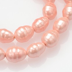 Pink Oval Grade A Polished Shell Pearl Bead Strands, Pink, 16x13mm, Hole: 1mm, about 25~26pcs/strand, 15.7 inch