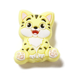 Yellow Cat Silicone Focal Beads, DIY Nursing Necklaces Making, Yellow, 30x24x9.5mm, Hole: 2mm