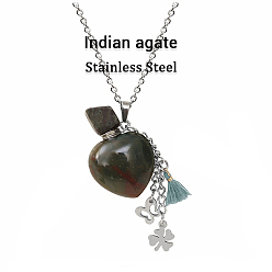 Natural Agate Natural Indian Agate Teardrop Perfume Bottle Pendant Necklace with Staninless Steel Butterfly Flower and Random Color Tassel Charms, Essential Oil Vial Jewelry for Women, 18.11 inch(46cm)