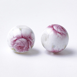 Pale Violet Red Printed & Spray Painted Glass Beads, Round with Flower Pattern, Pale Violet Red, 10~10.5x9.5mm, Hole: 1.6mm