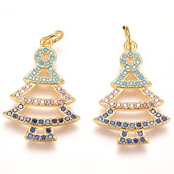 Golden Brass Micro Pave Cubic Zirconia Pendants, Christmas Tree, Colorful, Golden, 22x15x2mm, Hole: 3mm
