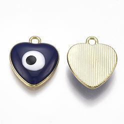 Midnight Blue Alloy Pendants, with Enamel, Heart with Evil Eye, Light Gold, Midnight Blue, 18x15.5x5mm, Hole: 2mm