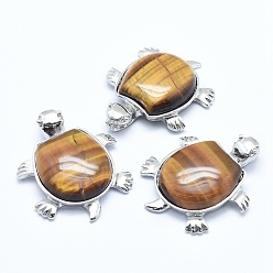 Tiger Eye Natural Tiger Eye Pendant, with Alloy Findings, Tortoise, Platinum, 38x30.5x8.2mm, Hole: 3x4.5mm