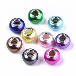 Mixed Color Imitation Pearl Style Resin European Beads, Large Hole Rondelle Beads, with Silver Tone Brass Double Cores, Mixed Color, 14x9mm, Hole: 5mm