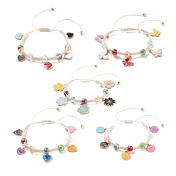 Mixed Color Round Glass Braided Bead Bracelet with Alloy Enamel Charm, Adjustable Bracelet for Women, Mixed Color, Inner Diameter: 1-3/4~3-7/8 inch(4.6~9.85cm)