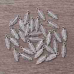 Antique Silver Tibetan Style Alloy Pendants, Feather, Antique Silver, 15x5x1.5mm, Hole: 1mm.