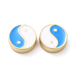Bleu Ciel Foncé Perles d'émail d'alliage de placage de support, plat rond avec motif yin yang, or, bleu profond du ciel, 11x4mm, Trou: 1.6mm