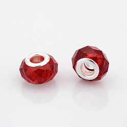 Rouge Verre à facettes perles européennes, perles de rondelle avec grand trou , avec noyaux en laiton plaqué couleur argent, rouge, 14x9mm, Trou: 5mm
