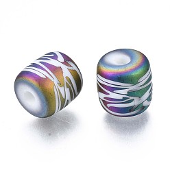Colorful Electroplate Glass Beads, Frosted, Column with Other Pattern, Colorful, 11.5x11.5mm, Hole: 2.5mm, about 100pcs/bag