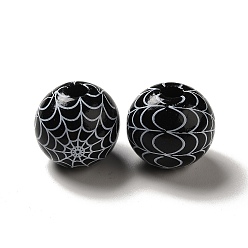 Black Halloween Printed Spider Webs Colored Wood European Beads, Large Hole Beads, Round, Black, 16mm, Hole: 4mm