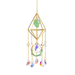 Fluorite Golden Iron Wind Chime, with Natural Fluorite, Crystal, for Outside Yard and Garden Decoration, 450mm, Hole: 11mm