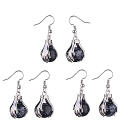 Snowflake Obsidian Natural Snowflake Obsidian Palm Dangle Earrings, Platinum Brass Jewelry for Women, 38.5mm, Pin: 0.6mm