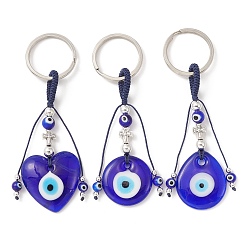 Blue Handmade Lampwork Turkish Blue Evil Eye Pendant Keychain, with Iron Split Key Rings, Heart & Flat Round & Teardrop, Mixed Shapes, 10.6~11.2cm