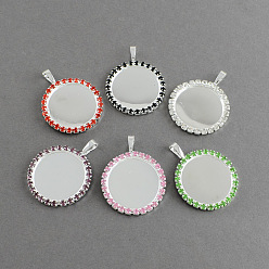Mixed Color Brass Rhinestone Pendant Cabochon Settings, Picture Memory Frame Pendants, Flat Round, Mixed Color, Tray: 25mm, 41x32x3mm, Hole: 8x5mm