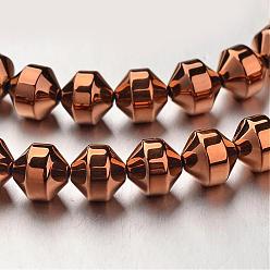 Copper Plated Electroplate Non-magnetic Synthetic Hematite Bead Strands, Bicone, Copper Plated, 8x8mm, Hole: 1mm, about 50pcs/strand, 15.7 inch