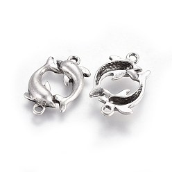 Thai Sterling Silver Plated Tibetan Style Alloy Links connectors, Ocean Theme, Lead Free & Nickel Free & Cadmium Free, Double Dolphin, Thailand Sterling Silver Plated, 14x21.5x3mm, Hole: 1.6mm