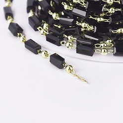 Black Handmade Glass Beaded Chains, Soldered, with Brass Findings, with Spool, Long-Lasting Plated, Real 18K Gold Plated, Cuboid, Black, 4.5x2.5~3x2.5~3mm, 2mm, about 32.8 Feet(10m)/roll