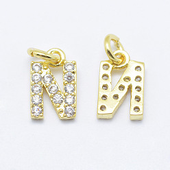 Real 18K Gold Plated Brass Micro Pave Grade AAA Cubic Zirconia Charms, Letter N, Cadmium Free & Nickel Free & Lead Free, Real 18K Gold Plated, 9x5.5x1.5mm, Hole: 2mm