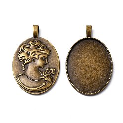 Antique Bronze Tibetan Style Alloy Pendant Cabochon Settings, Oval with Woman Portrait on the Reverse Side, Cadmium Free & Nickel Free & Lead Free, Antique Bronze, Tray: 40x29mm, 51x32x6mm, Hole: 6x3mm