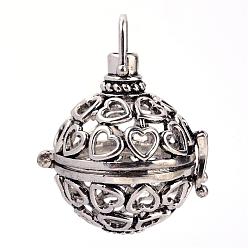 Antique Silver Rack Plating Brass Cage Pendants, For Chime Ball Pendant Necklaces Making, Hollow Round with Heart, Antique Silver, 30x29x24mm, Hole: 5x6mm, inner measure: 19mm