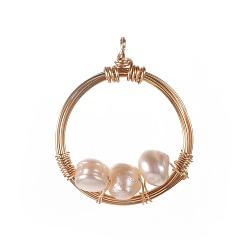 Golden Natural Cultured Freshwater Pearl Pendants, with Brass Findings, Ring, Golden, 25x21x5.5mm, Hole: 2.5mm