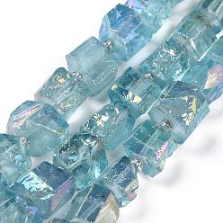Bleu Cadet Galvaniques perles de quartz naturel brins, hexagone prisme, forme irrégulière, bleu cadet, 8~13x10~14x6~11mm, Trou: 1mm, Environ 15~16 pcs/chapelet, 7.8~8 pouce (20~20.5 cm)