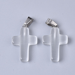 Clear Cat Eye Pendants, with Stainless Steel Peg Bails, Cross, Stainless Steel Color, Clear, 28~30x18x6mm, Hole: 7x3.5mm