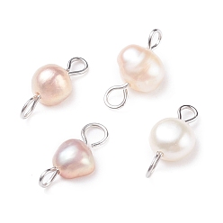 Seashell Color Natural Freshwater Pearl Connector Charms, with 304 Stainless Steel Loops, Nuggets, Seashell Color, 14x6~7.5x3.5~5mm, Hole: 1.5~2.5mm