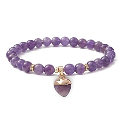 Amethyst Natural Amethyst Round Beaded Stretch Bracelets, with Heart Charms, Inner Diameter: 2-1/8~2-1/4 inch(5.4~5.6cm)