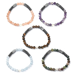 Mixed Stone Natural Mixed Gemstone Round & Synthetic Hematite Arrow & Alloy Heart Beaded Stretch Bracelet for Women, Inner Diameter: 2-1/4 inch(5.7cm)