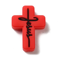 Red Silicone Beads, Cross with Word Jesus, Red, 30x22x8mm, Hole: 2.5mm