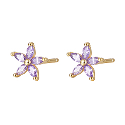 Lilac Cubic Zirconia Flower Stud Earrings, Golden 925 Sterling Silver Post Earrings, Lilac, 7.2mm