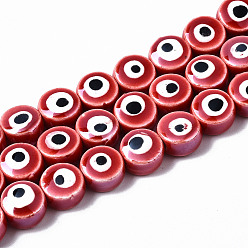 Rouge Brins de perles en céramique de porcelaine faites à la main, porcelaine émaillée lumineux, rond et plat avec des mauvais œil, rouge, 8x5mm, Trou: 1.5mm, Environ 40 pcs/chapelet, 12.01 pouce (30.5 cm)