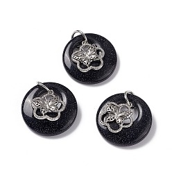 Blue Goldstone Synthetic Blue Goldstone Pendants, Flat Round Charms, with Platinum Tone Brass Flower with Butterfly Findings, Cadmium Free & Nickel Free & Lead Free, 30~35x28~32x10~10.5mm, Hole: 2mm