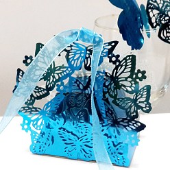 Bleu Ciel Foncé Boîtes en carton de bonbons de mariage pliantes créatives, petits coffrets cadeaux en papier, papillon creux avec ruban, bleu profond du ciel, pli: 6.3x4x4 cm