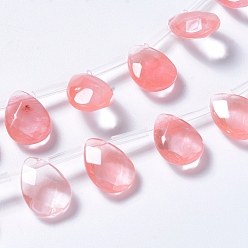 Other Watermelon Stone Glass Watermelon Stone Beads Strands, Top Drilled Beads, Faceted, Teardrop, 14~14.5x10~10.5x5mm, Hole: 0.6mm, about 28pcs/strand, 15.75 inch(40cm)
