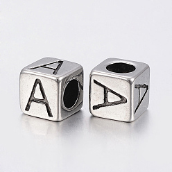 Argent Antique 304 Perles en acier inoxydable grand trou lettre européenne, cube avec letter.a, argent antique, 8x8x8mm, Trou: 5mm