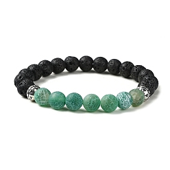 Vert Bracelet extensible en perles rondes en agate craquelée teinte naturelle et en pierre de lave, verte, diamètre intérieur : 2 pouces (5.2 cm).