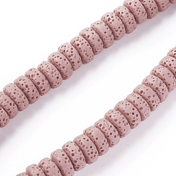 Pink Brins de perles de pierre de lave naturelle, teint, Plat rond / disque, rose, 8~8.5x3~4mm, Trou: 2mm, environ 62 pcs / brin, 7.87 pouces (20 cm)